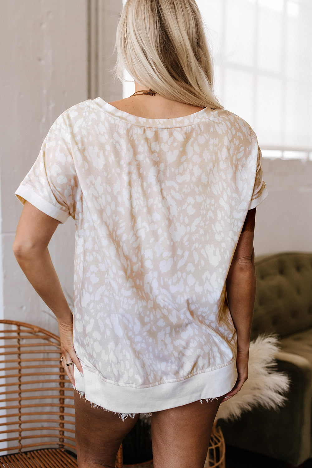 Leopard Print V Neck Side Slit Loose Fit T Shirt eAura