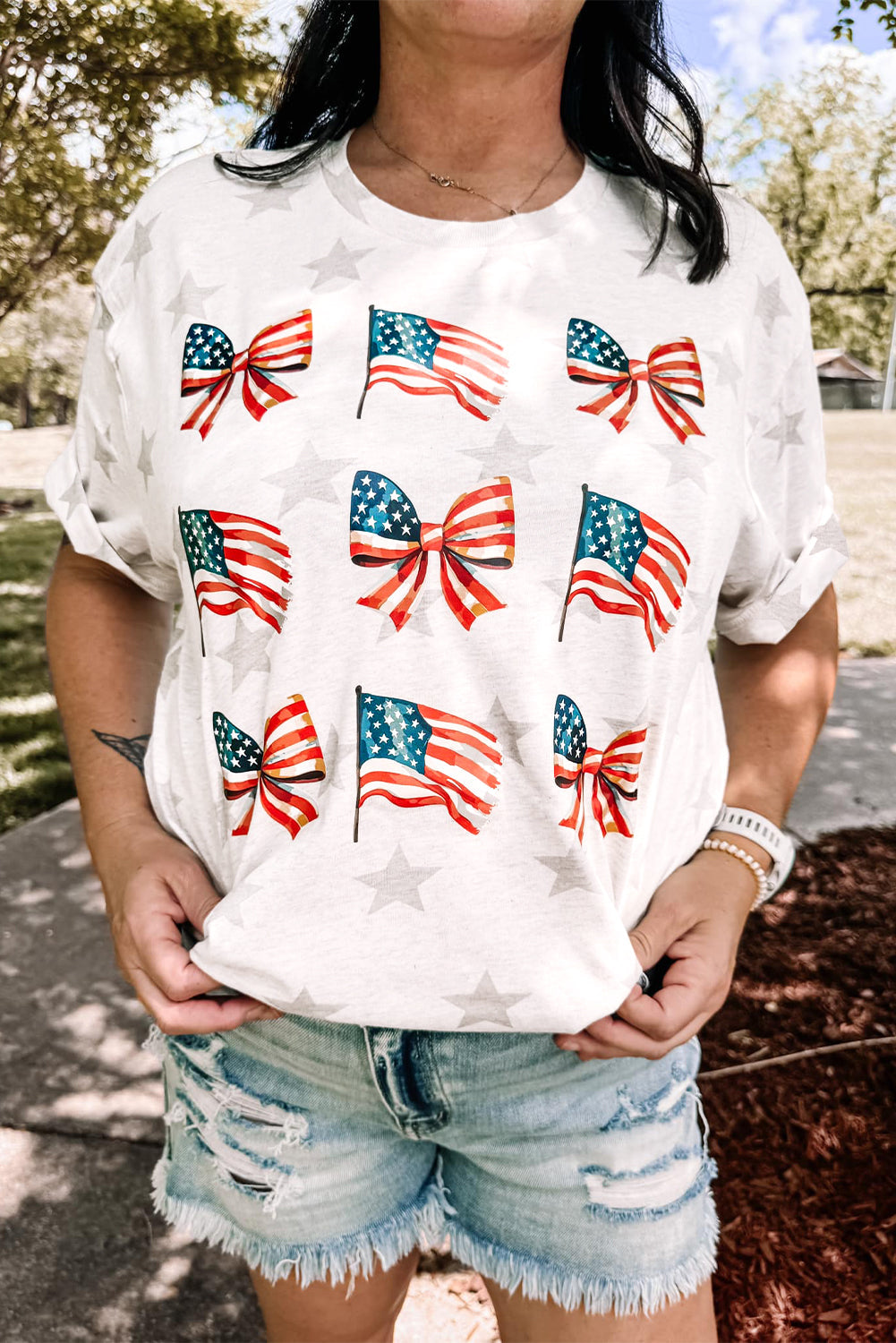 Khaki Patriotic Flag Bow Graphic Starry Round Neck T Shirt eAura
