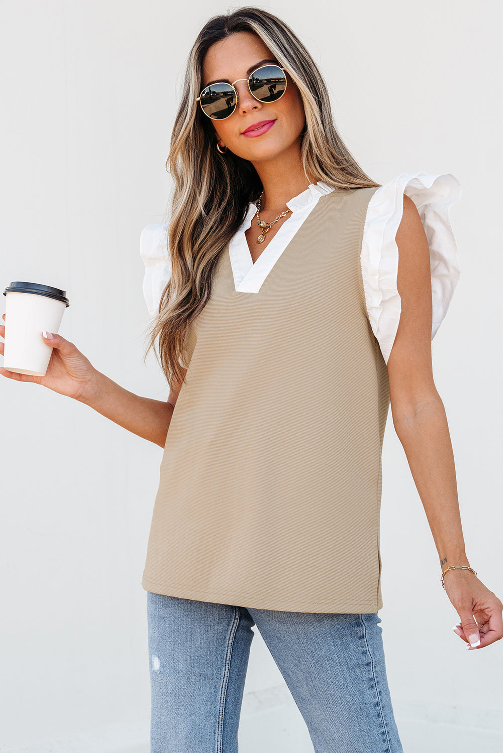 Pale Khaki Contrast V Neck Ruffled Textured Knit Top eAura