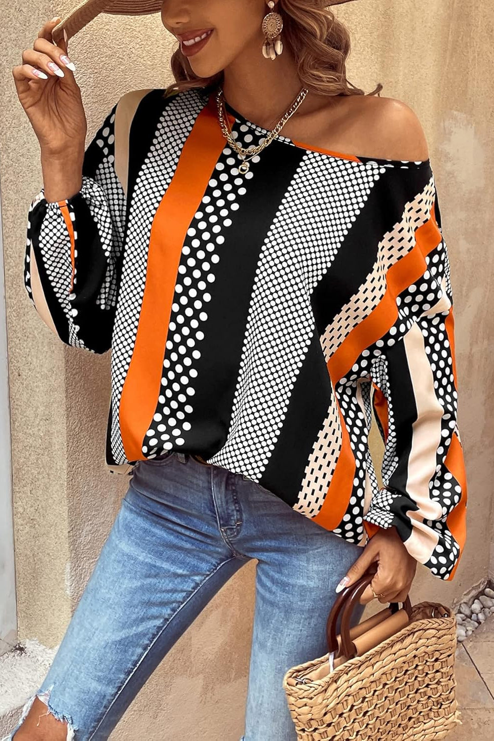 Orange Polka Dot Vertical Striped Printed Puff Sleeve Blouse eAura