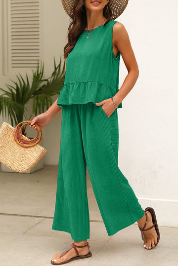 Green Solid Colour Ribbed Ruffle Tank Top and Trousers Set eAura
