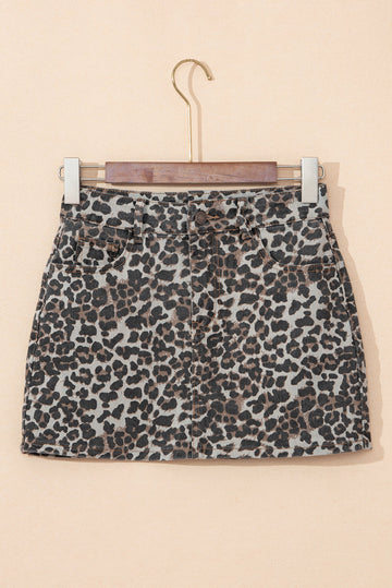 Khaki Leopard Denim Mini Skirt eAura