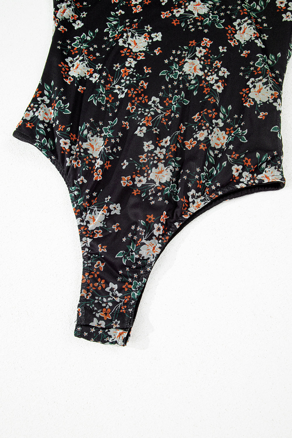 Black Floral Print U Neck Short Puff Sleeve Bodysuit eAura
