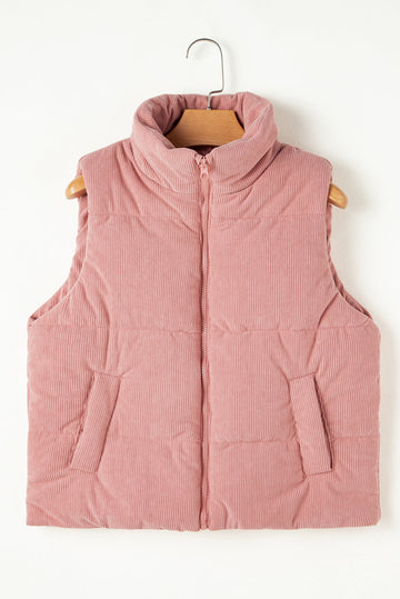 Pink Cord Stand Neck Zipped Puffer Gilet eAura