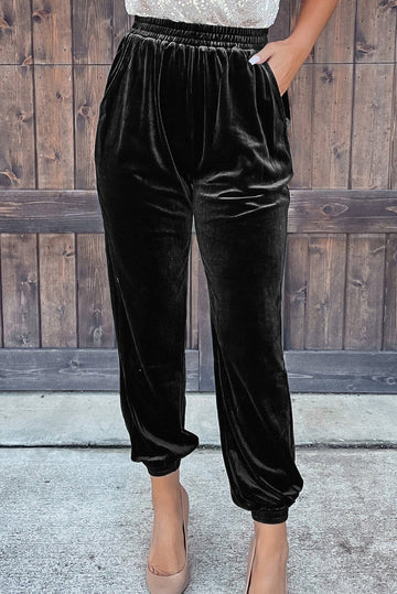 Black Solid Velvet Jogger Trousers eAura
