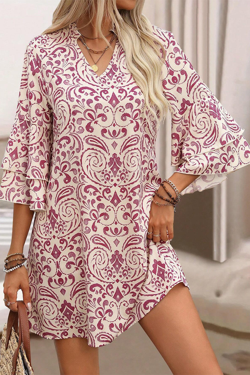 Pink Paisley Print Tiered 3/4 Sleeve Notched Neck Mini Dress eAura