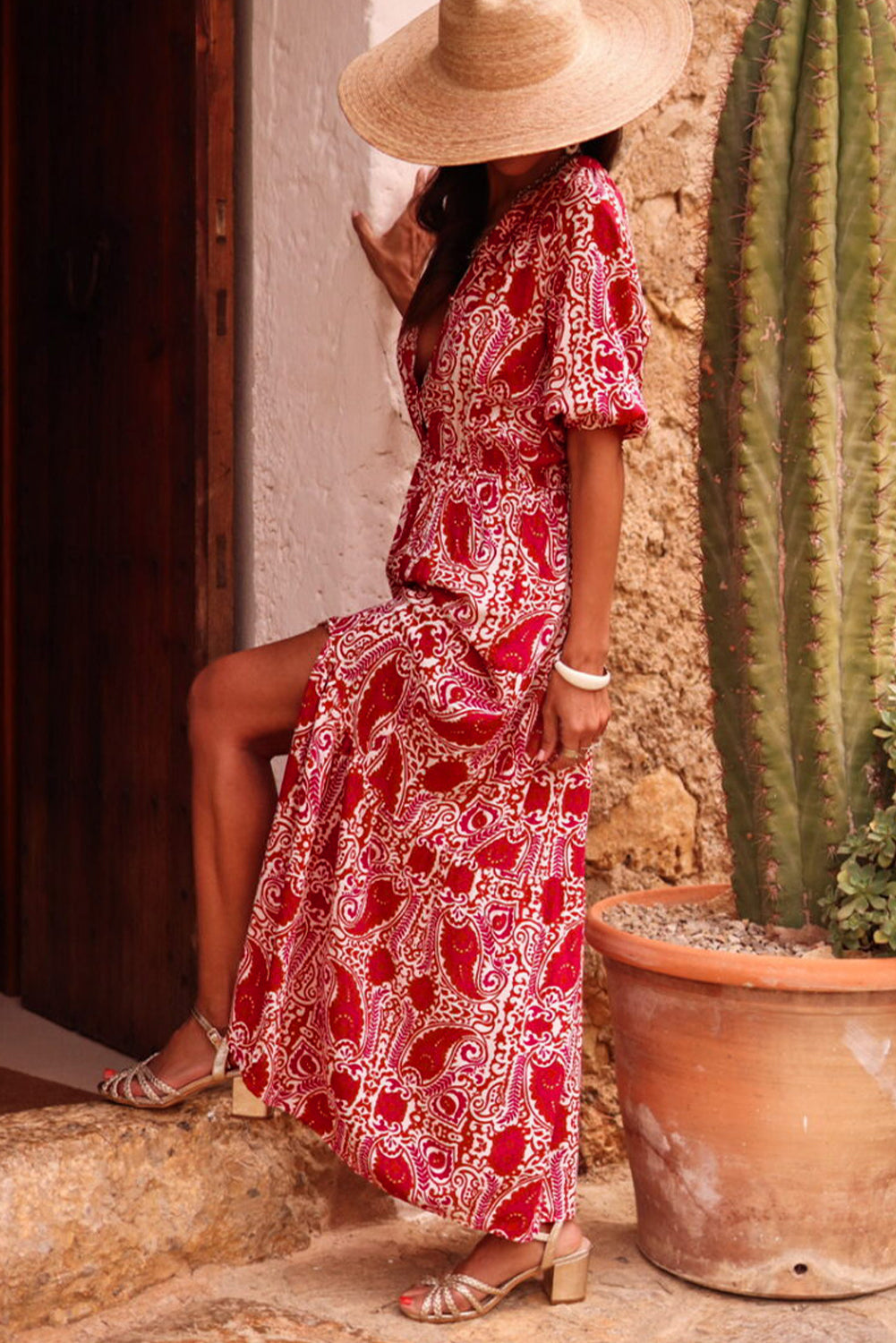 Red Paisley Print Side Slit Puff Sleeve High Waist Maxi Dress eAura