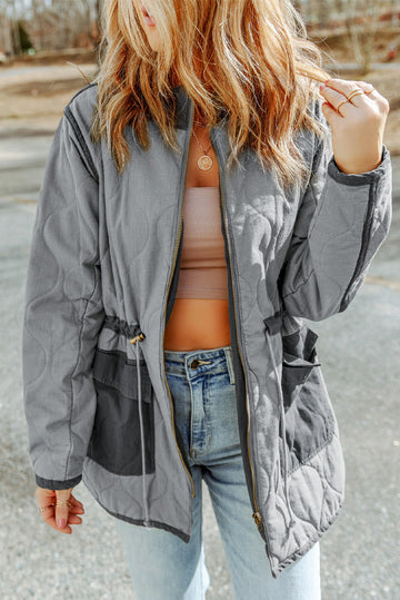 Grey Stitching Quilted Drawstring Jacket Beagle Boutique Fashion Outlet