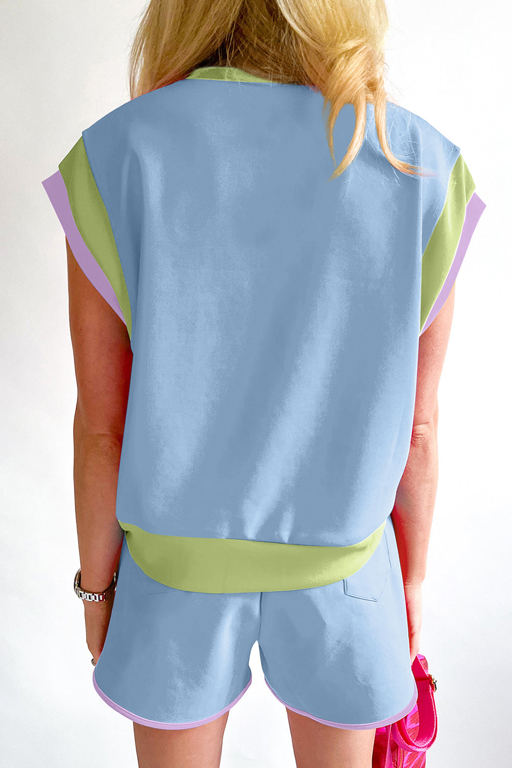 Blue Contrast Trim Cap Sleeve Tee Shorts Set Co-ord eAura