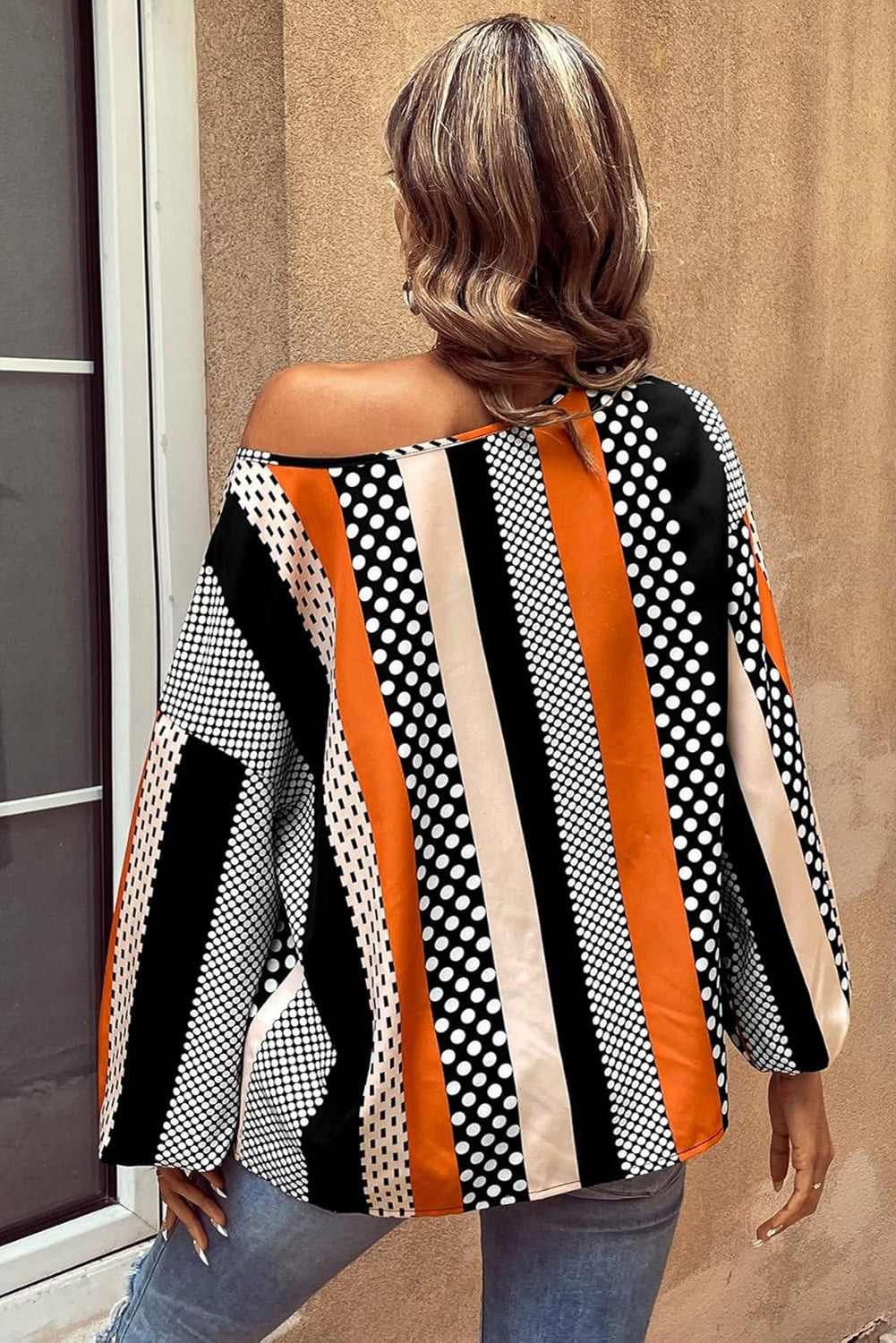 Orange Polka Dot Vertical Striped Printed Puff Sleeve Blouse eAura
