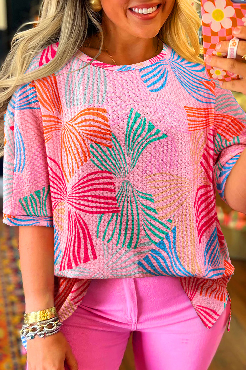 Pink Bowknot Printed Waffle Crewneck Loose Short Sleeve Top eAura