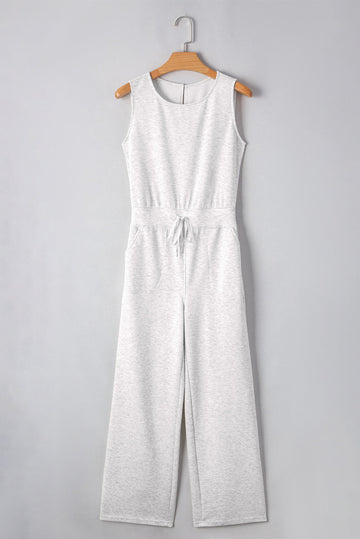 Light Grey Solid Colour Crew Neck Drawstring High Waist Sleeveless Jumpsuit eAura