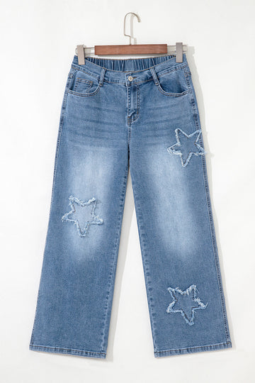 Stone Blue Star Patchwork Cropped Wide Leg High Waist Jeans eAura