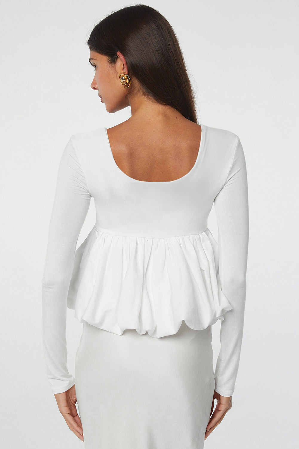 White U Neck Long Sleeve Bubble Hem Top eAura