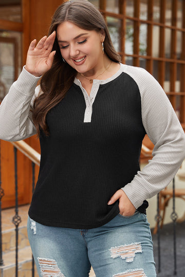 Black Colour Contrast Waffle Knit Buttoned Plus Size Top BB Fashion Outlet