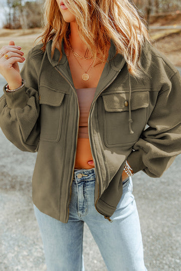 Flap Pocket Drawstring Hood Zip Up Jacket eAura