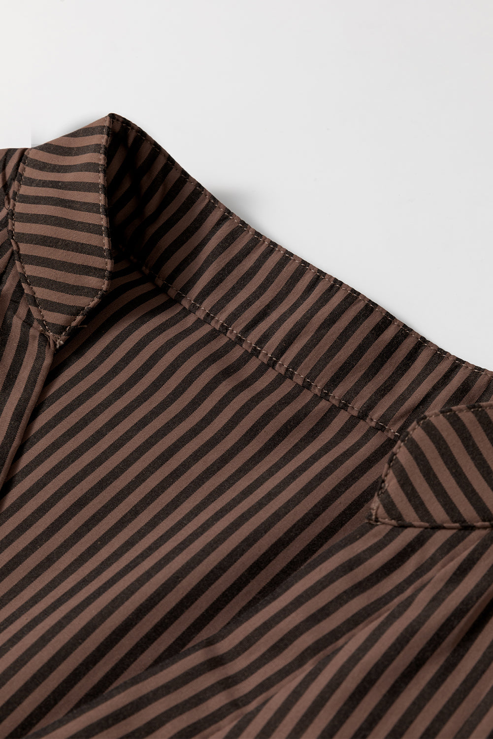 Brown Stripe V Neck Roll Up Sleeve Pocket Patched Classic Shirt eAura