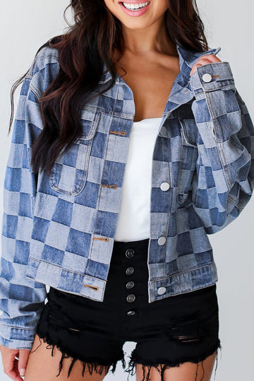Light Blue Checkered Patchwork Button up Denim Jacket Beagle Boutique Fashion Outlet