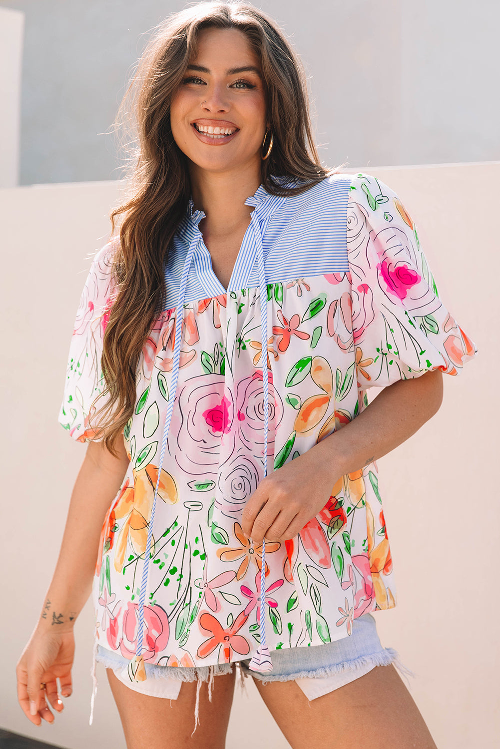 Multicolour Floral Print Striped Yoke Frilled V Neck Puff Short Sleeve Blouse eAura