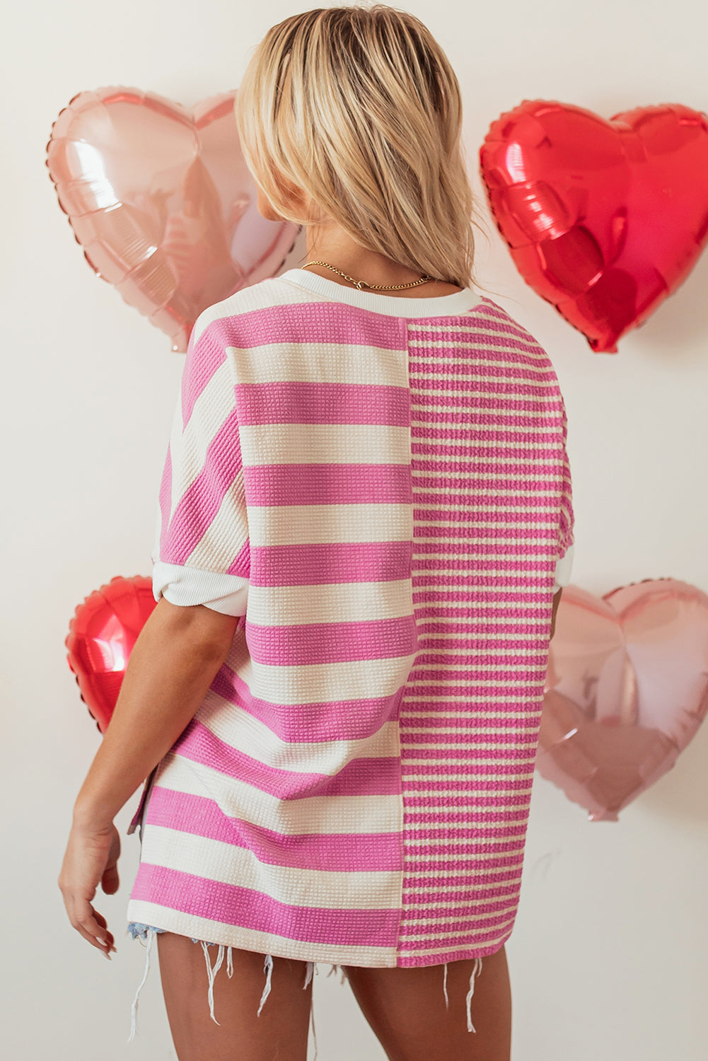 Pink Stripe Patchwork Textured Short Sleeve High Low Loose Top eAura