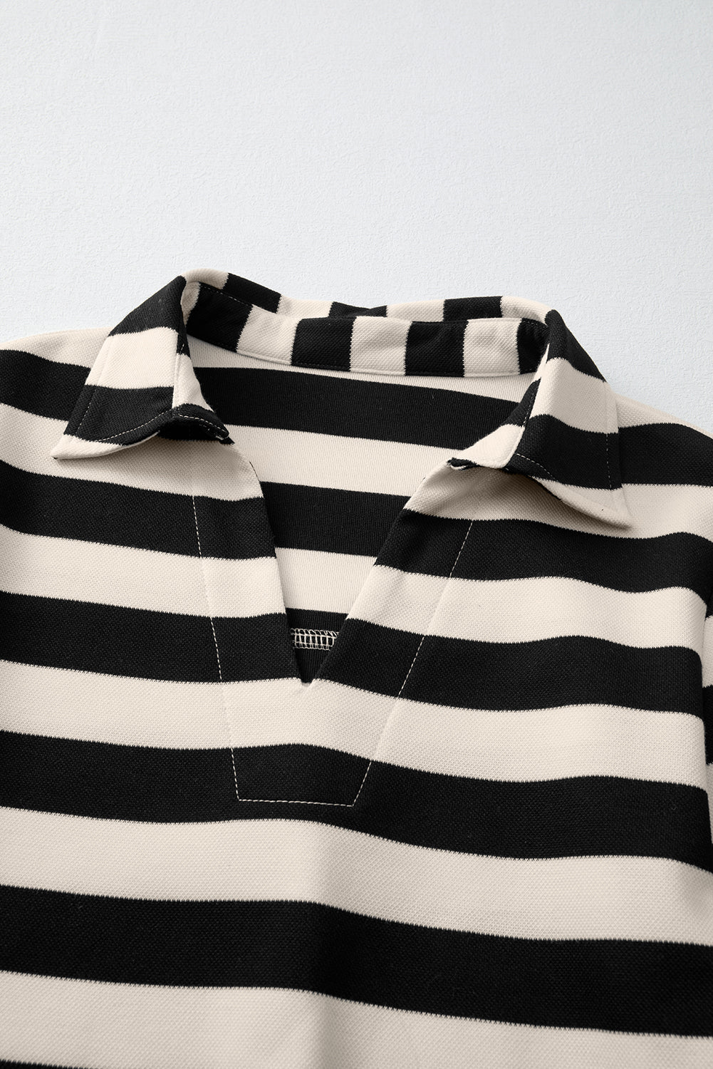 Black Stripe Collared V Neck Long Sleeve Loose Casual Dress eAura