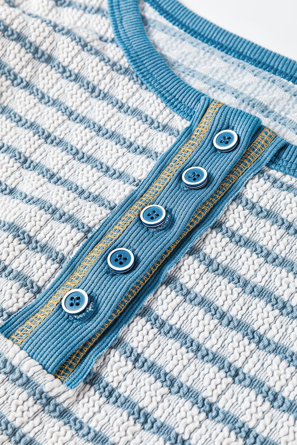 Sky Blue Stripe Textured Frilly Trim Buttons Henley Long Sleeve Top eAura