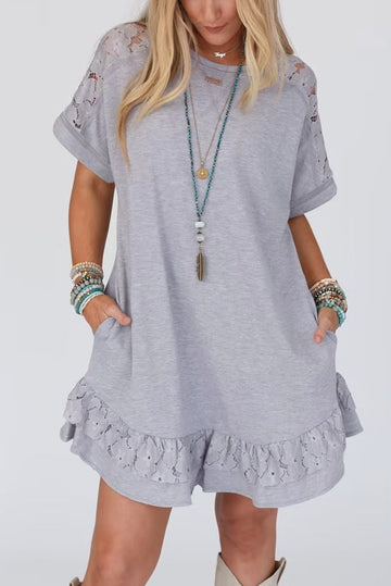 Light Grey Lace Floral Patchwork Ruffled T-shirt Dress eAura