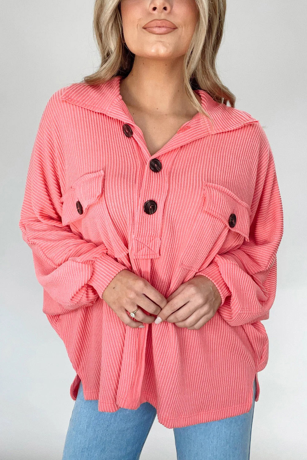 Pink Ribbed Flap Pocket Henley Top eAura