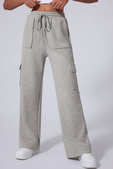 Light Grey Multi Pockets Lace-up High Waist Wide Leg Workout Trousers eAura