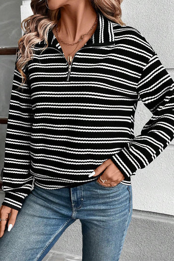 Black Stripe Textured Quarter Zip Collar Long Sleeve Top Beagle Boutique Fashion Outlet