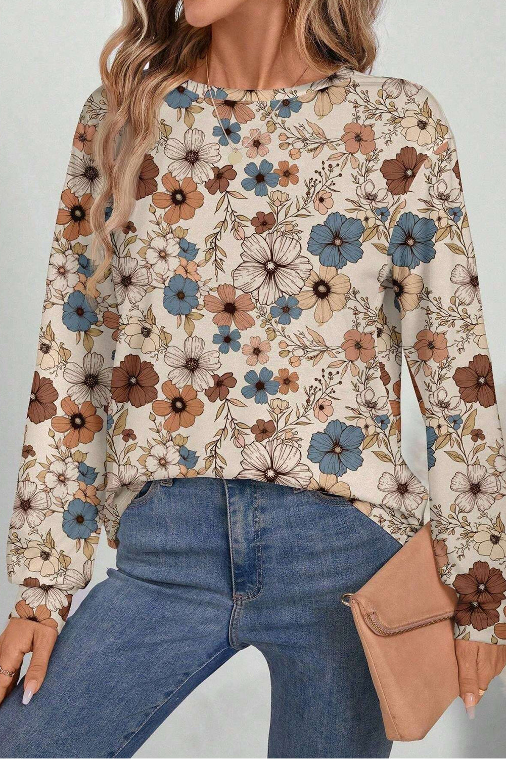 Khaki Floral Print Loose Crew Neck Long Sleeve T Shirt eAura