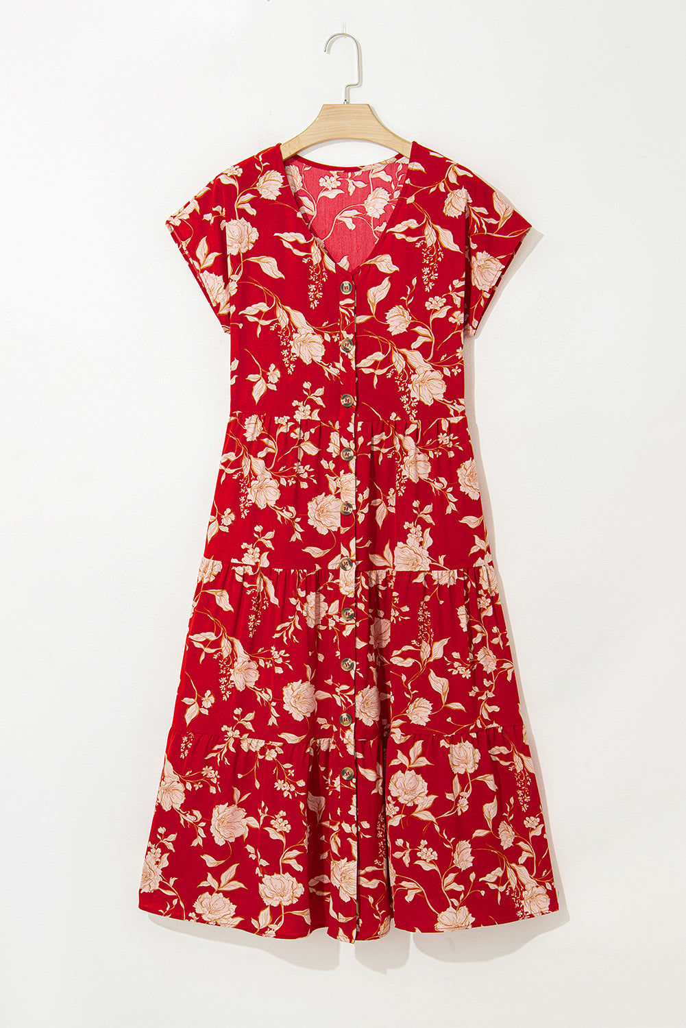 Red Floral Print Buttoned Front V Neck Tiered Short Sleeve Maxi Dress eAura