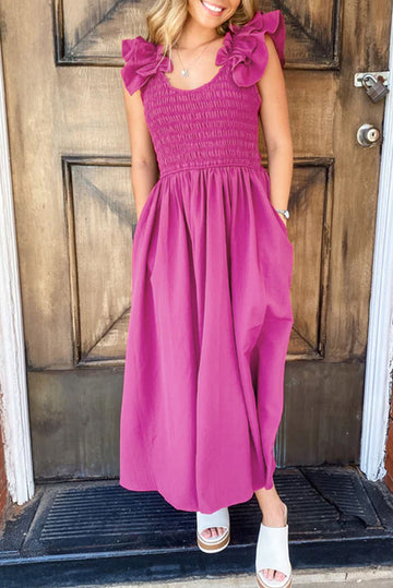 Rose Red Solid Color Ruffled Straps Smocked Ruched Maxi Dress BB Fashion Outlet