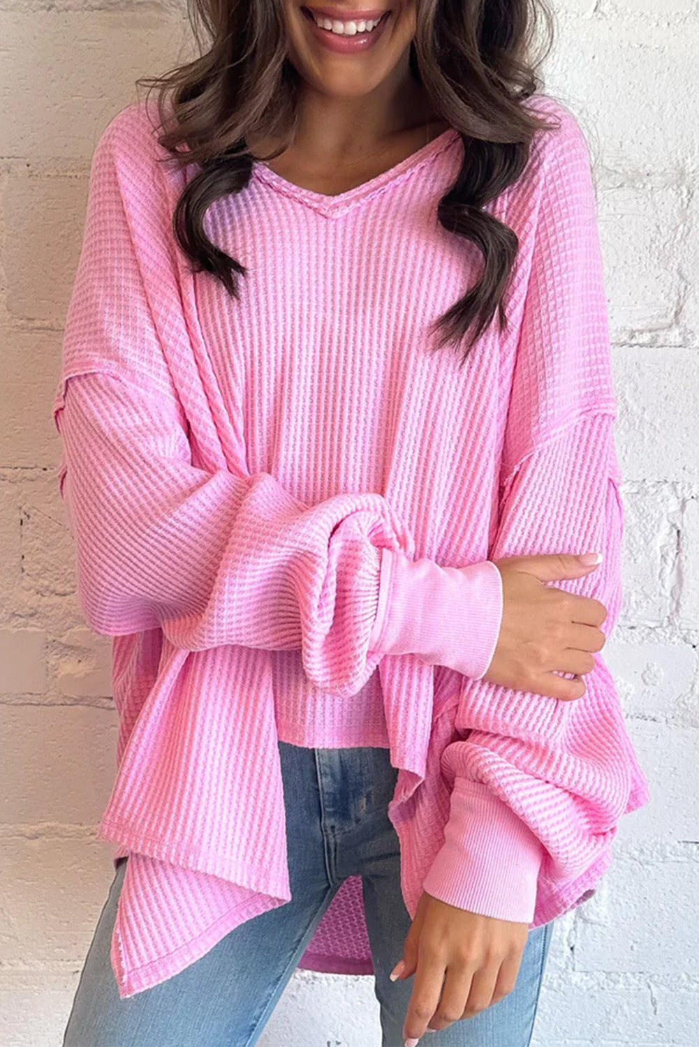 Bonbon Waffle Knit Exposed Seam High Low Top eAura