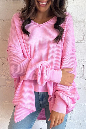 Bonbon Waffle Knit Exposed Seam High Low Top eAura