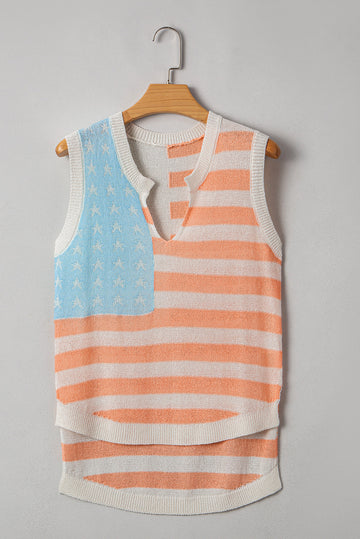 Beige USA Flag Notched Neckline Loose Sweater Vest eAura