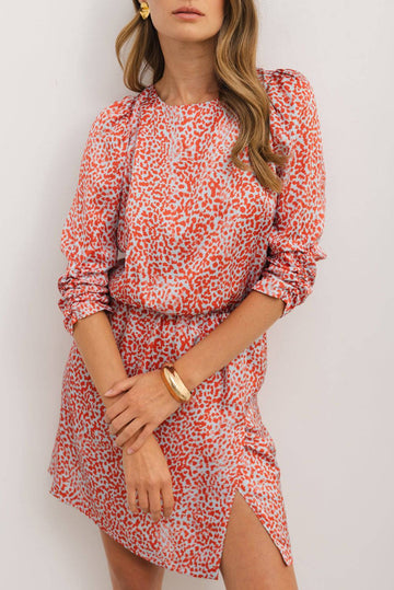 Tomato Red Leopard Print Long Sleeve Hollowed Back Split Mini Dress eAura