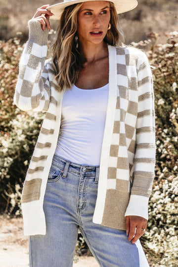 Smoke Grey Gingham Striped Knitted Open Front Cardigan eAura