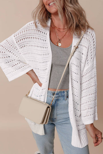 White Pointelle Knit Bracelet Sleeve Open Cardigan eAura