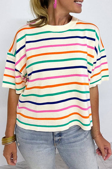 Beige Stripe Dropped Short Sleeve Boxy Fit Knitted Top eAura