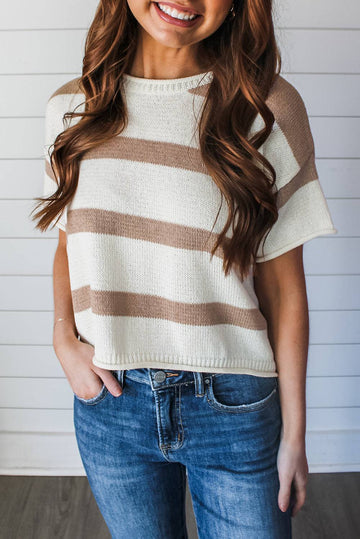 Khaki Stripe Dropped Short Sleeve Lightweight Knitted Top eAura