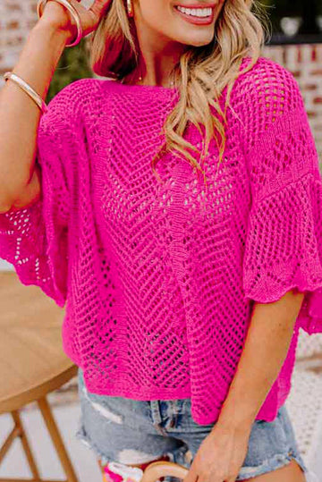 Rose Red Pointelle Knit Scallop Edge Short Sleeve Top eAura