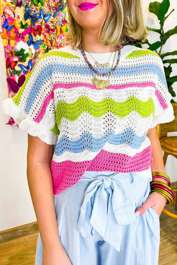 White Colourblock Crochet Knit Ruffled Short Sleeve Sweater Top eAura