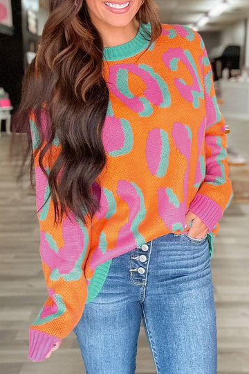 Orange Leopard Colourblock Ribbed Edge Sweater eAura