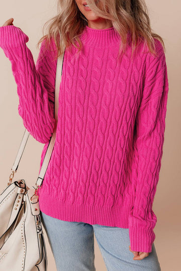 Rose Red Solid Cable Knit High Neck Drop Shoulder Sweater eAura