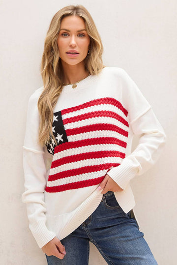 White American Flag Cable Knit Drop Shoulder Sweater eAura