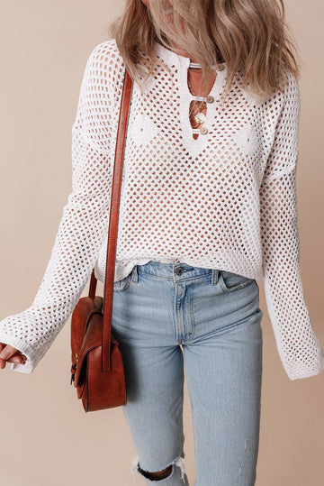 Open Knit Buttoned Neck Split Sleeve Sweater eAura