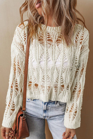 White Cut Out Crochet Crew Neck Loose Fit Sweater eAura