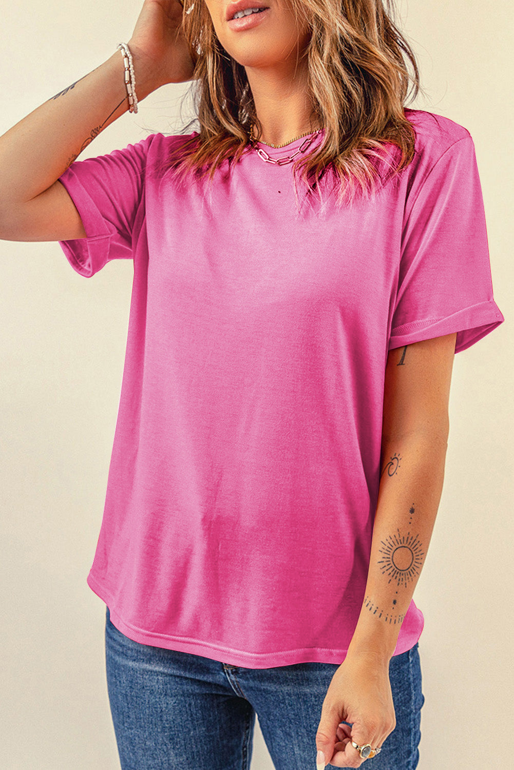 Bright Casual Plain Crew Neck Tee eAura