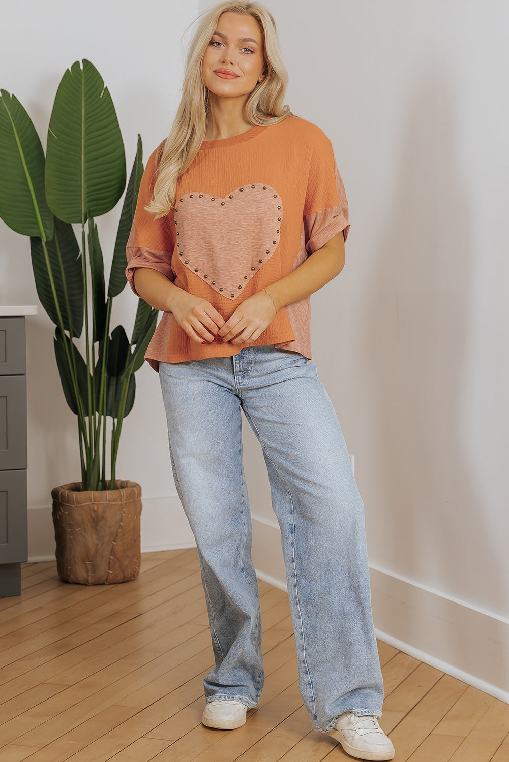 Desert Gold Stud Heart Patch Textured Front Dolman Top eAura